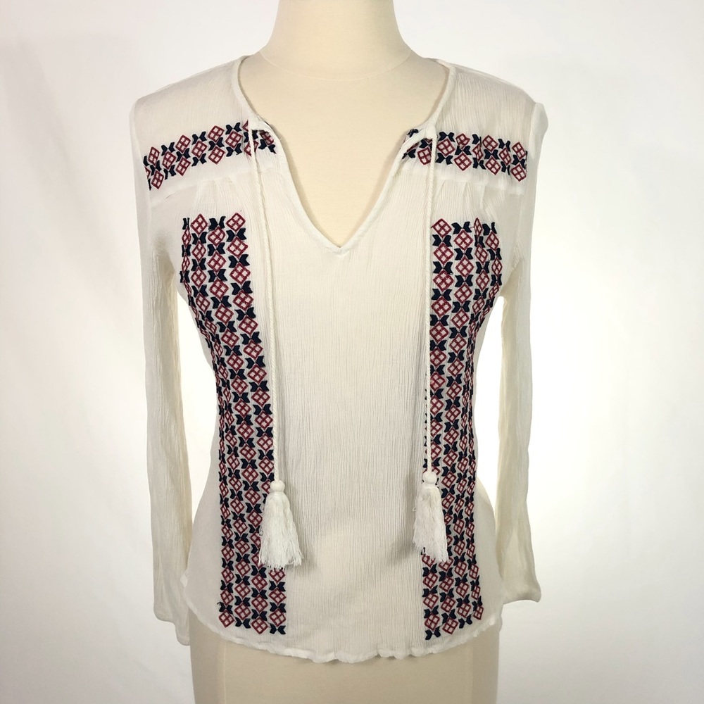 Under Skies Crinkled White Embroidered Blouse Sz L